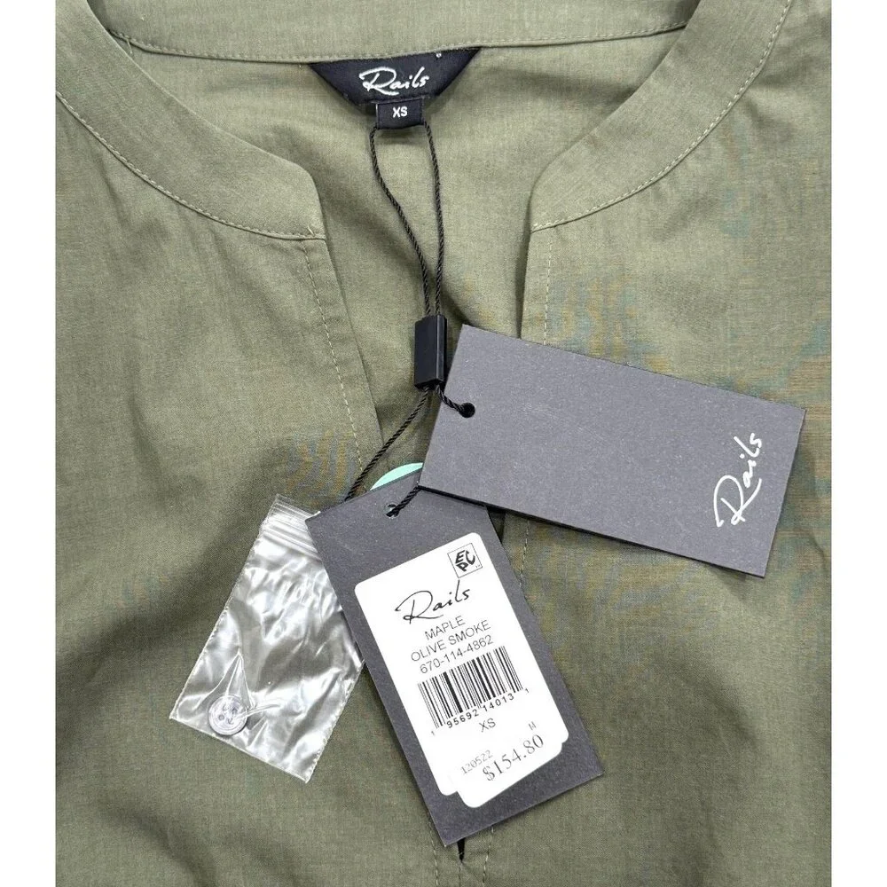 Rails Olive Green Tiered Maxi Dress Cinched-Waist & Long Sleeves Womens XS NEW - Picture 4 of 8